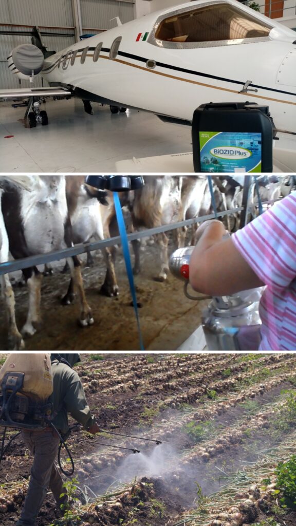 aplicación de acido hipocloroso en diferentes sectores, por ejemplo en la sanitización de aviones, en corrales con cabras y para los cultivos, para dar vida de anaquel cuando son post-cosecha.