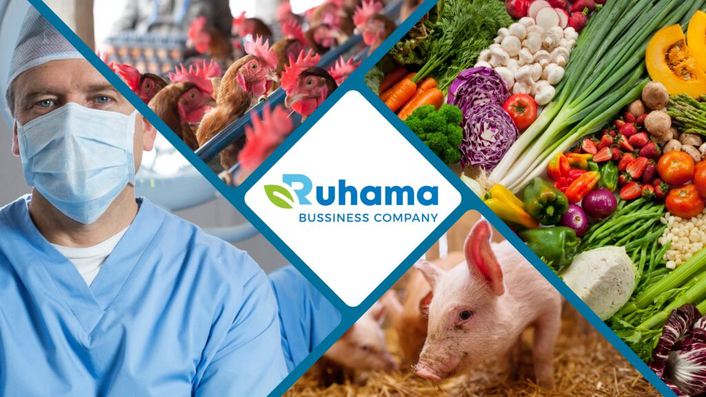 Es el logo de la empresa que es Ruhama bussiness company, rodeada de los sectores los cuales podemos ayudar ya sea, en hospitales, en agricultura, en sector avicola, pecuario o veterinario.